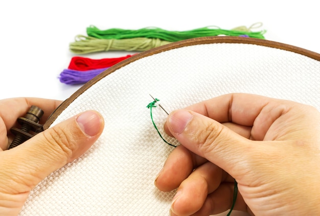 Руки вышивают на пяльцах